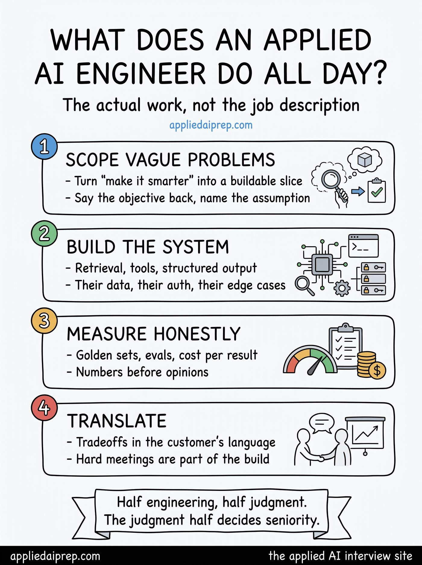 Infographic of what Applied AI Engineers actually do: scoping vague customer problems, building retrieval and agent systems, running evaluations, and communicating tradeoffs to stakeholders.